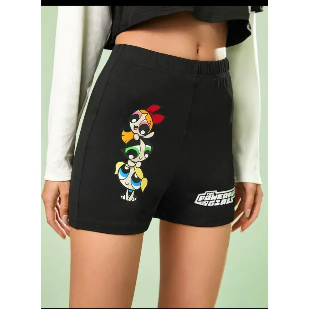 Romwe Powerpuff Girls Cartoon Letter Graphic Biker Black Shorts Plus Size 3XL - Picture 8 of 14